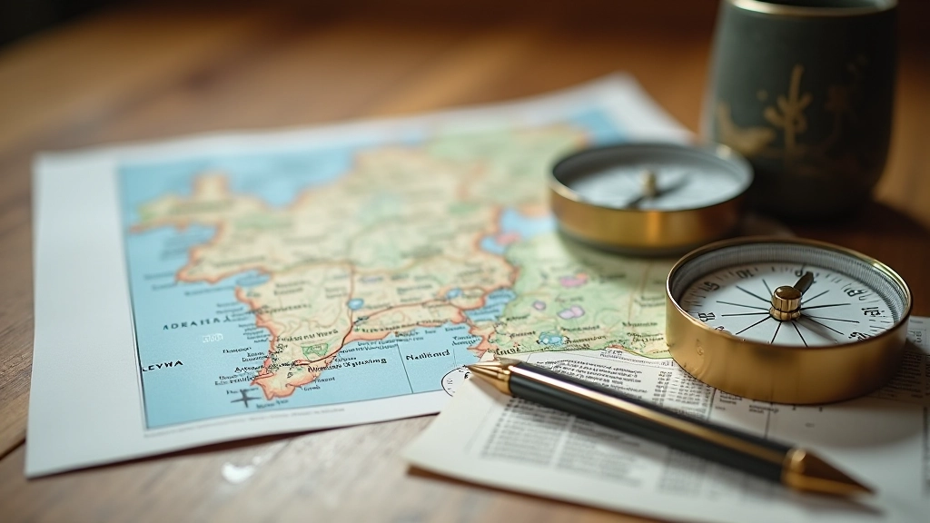 Išdėstytas žemėlapis, kompasas ir turistinis vadovas ant mediniu stalo